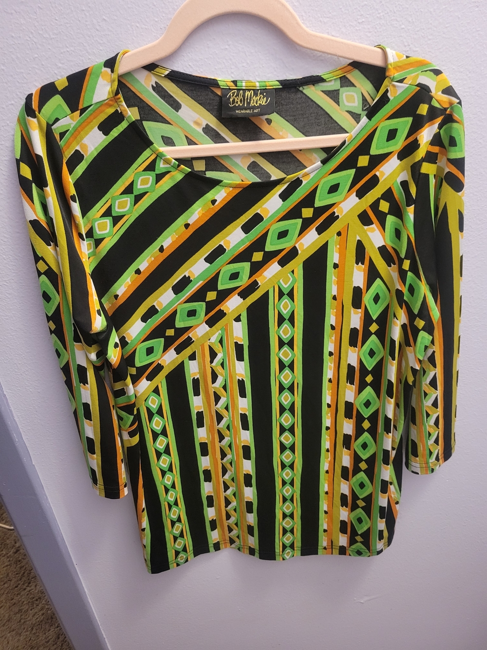 Bob Mackie Black, Green & Yellow Geometric Stripe Long Sleeve Top